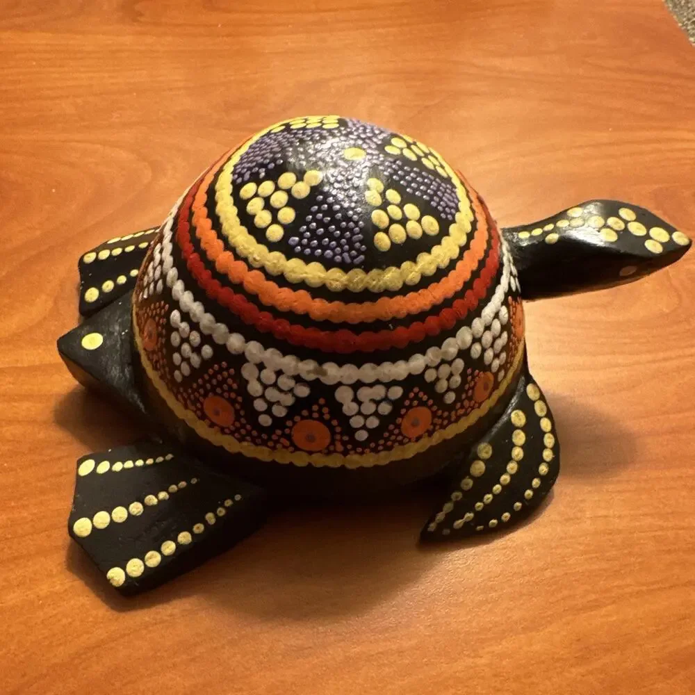 Handmade Hand-Painted Wooden Turtle Figurine Bali Dot Pattern Art -bobble head